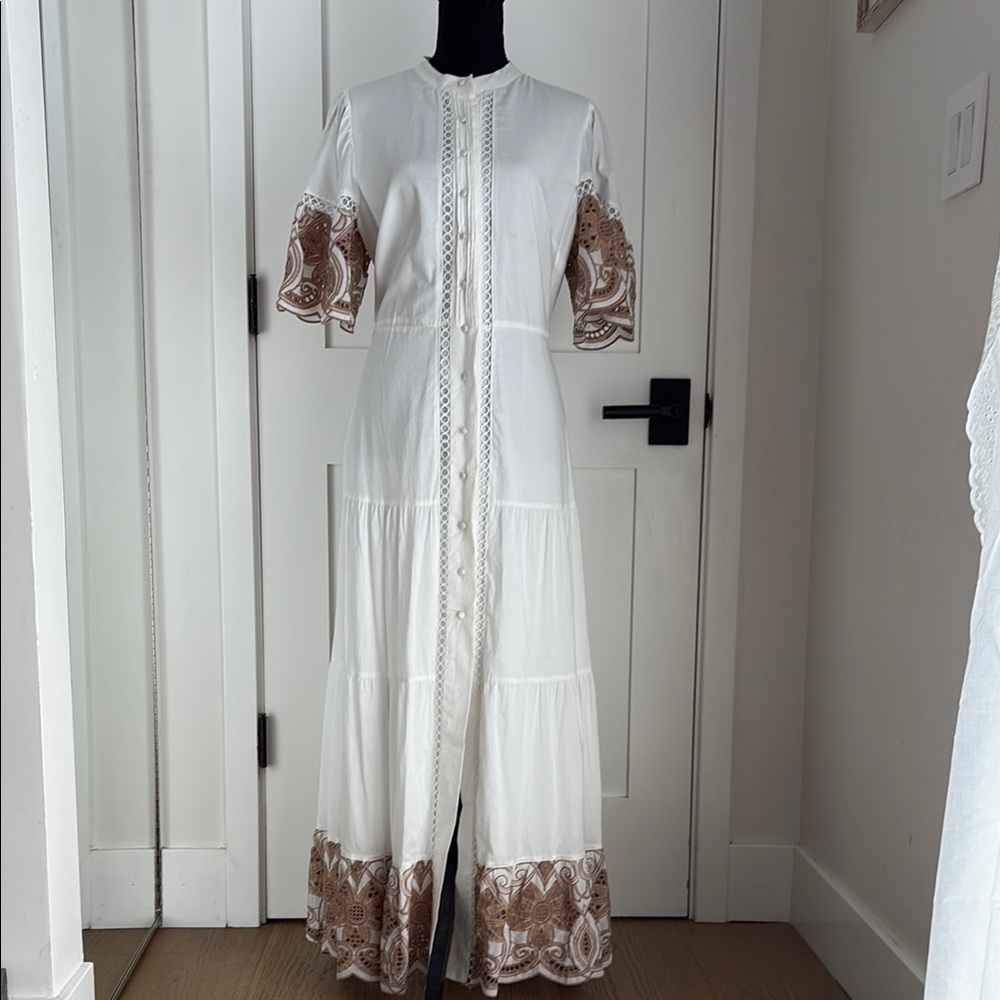 Elegant White and Brown Embroidered Dress